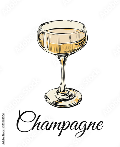 Champagne Glass Hand Drawing Vector Illustration Bubbles. Alcoholic Drink.