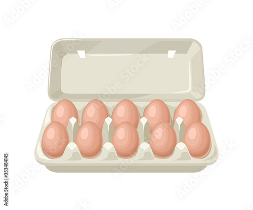 Brown chicken eggs in carton box isolated on white background. Vector illustration of packing eggs in cartoon flat style.
