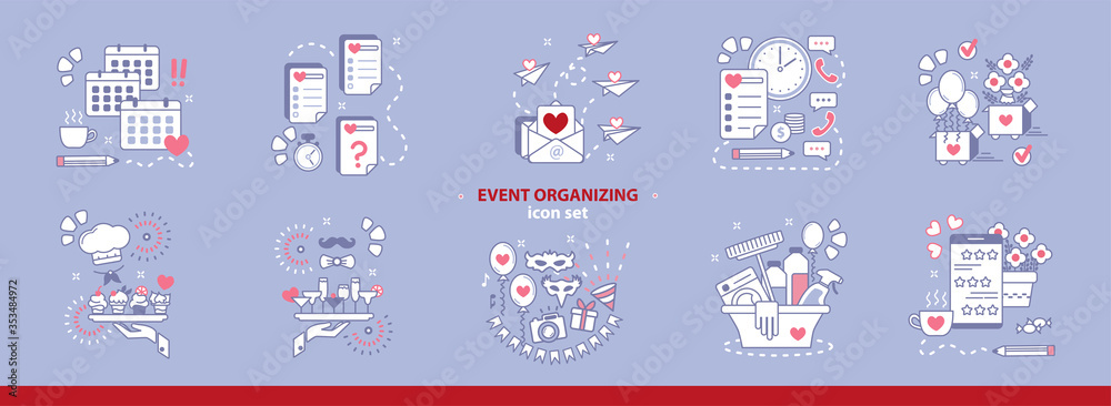 Set of simple icons for event organizing agency, party service concept. Planning, checklists, schedule, invitations, flower decor orders, bar and buffet, cleaning, entertainment, full satisfaction.