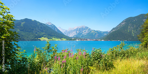 beautiful lake Achensee in summer, view to tourist health resort Pertisau