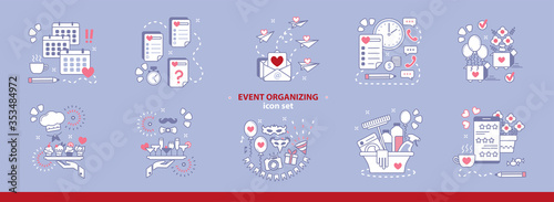 Set of simple icons for event organizing agency, party service concept. Planning, checklists, schedule, invitations, flower decor orders, bar and buffet, cleaning, entertainment, full satisfaction.