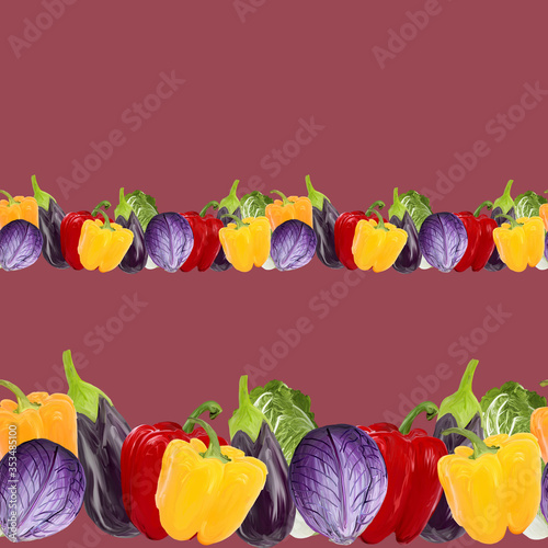 Seamless border with vegetables eggplant  peppers  cabbage on claret background. Gouache hand drawn illustration. Fresh food Design for duct tape  adhesive tape  wallpaper  menu  textile  dyeing