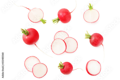 fresh radish with slices isolated on white background. top view photo