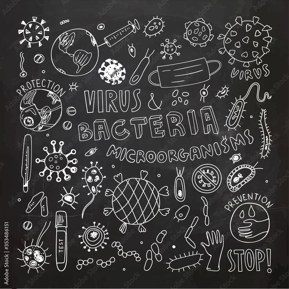 Viruses and Bacteria Clipart. Vector Illustration. Hand Drawn Doodle.
