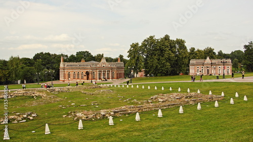 Moscow / Russia – 07 16 2019: ancient historical ruins, 2nd  and 3rd Cavalier houses on central square near Grand Palace in Tsaritsyno Park Museum on summer day