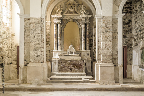 PIRAN, SLOVENIA - SEPTEMBER 12: Altar in abondoned church on 12th September 2016 in Piran, Slovenia.