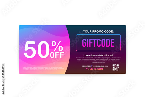 Promo code. Vector Gift Voucher with Coupon Code. Premium eGift Card Background for E-commerce, Online Shopping. Marketing. Vector illustration.