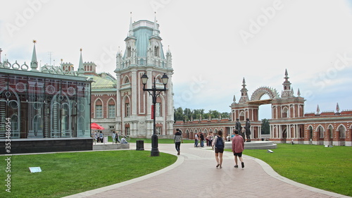 Moscow / Russia – 07 16 2019: Grand Palace backyard in Tsaritsino Park Museum on summer day, architecture ancient landmark