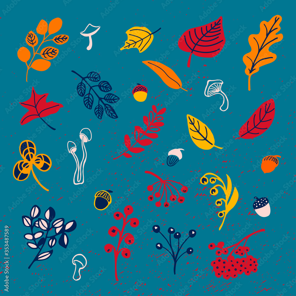 Fototapeta premium Autumn set of leaves, mushrooms, acorns in doodle style. Vector illustration on isolated blue background. For use in the composition for printing, fabric, packaging and decoration of clothes.