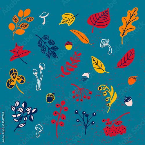 Autumn set of leaves  mushrooms  acorns in doodle style. Vector illustration on isolated blue background. For use in the composition for printing  fabric  packaging and decoration of clothes.
