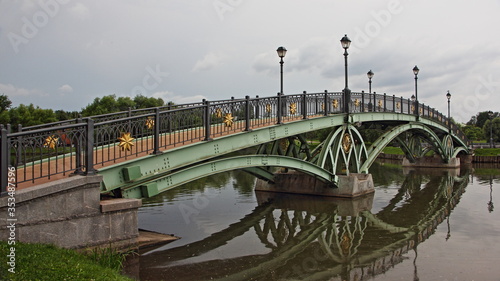 Moscow, Russia, Empty beautiful green bridge close up in Tsaritsyno Park Museum on summer day, historical landmark