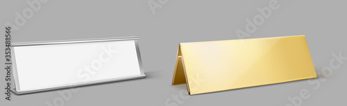 Table card holder, empty name plate. Vector realistic mockup of golden and metal stand for identification tag for events, steel and gold frames for nameplate isolated on gray background photo