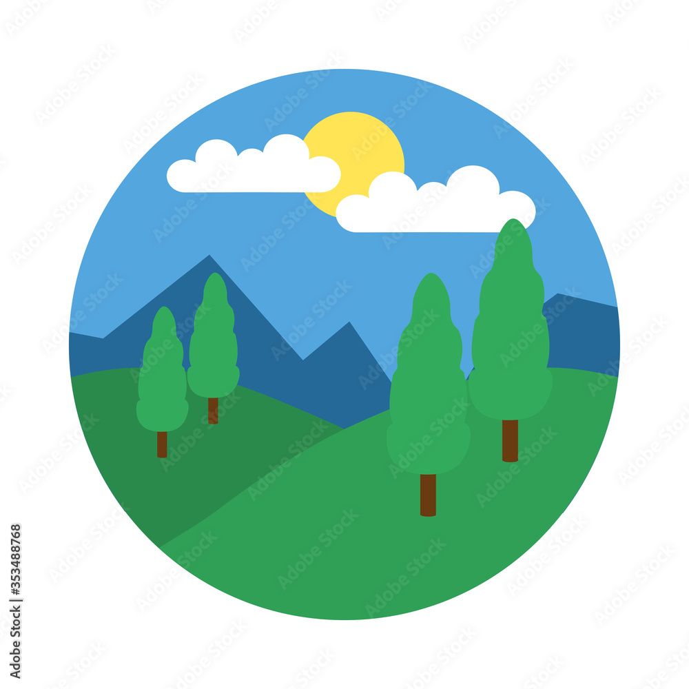 Mountains and trees, sunny landscape, flat style