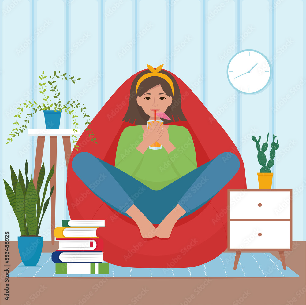 Woman with cocktail at home interior. Female resting on armchair, pouf. Stay home concept. Vector illustration in flat style