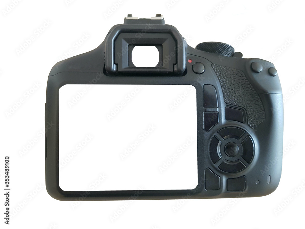 Isolated camera on a white background. Isolated white screen for mockup Isolated camera on a white background. Isolated white screen for mockup