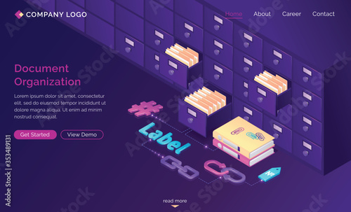 Work with documents organization isometric landing page, office cabinet with drawers, files, hashtags, folders, label, bidirectional links. Business administration, data storage, 3d vector web banner
