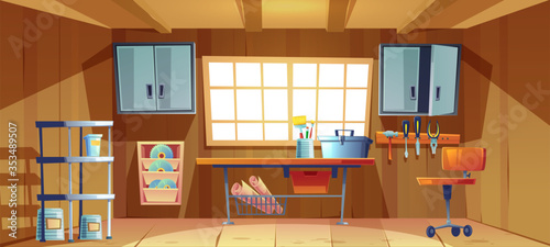 Garage interior with tools for carpentry and repair works. Vector cartoon illustration of workshop or storeroom with toolbox and paint brushes on workbench, screwdriver, hammer and plier on wall board