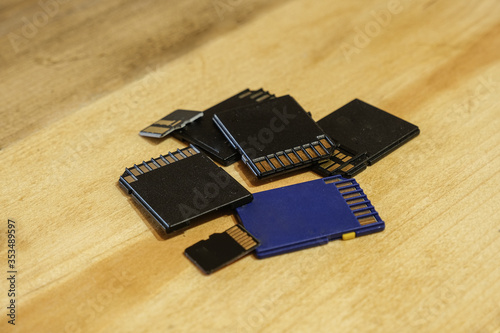 Pile of tech memory card devices,sd mmc microsd,storage tools