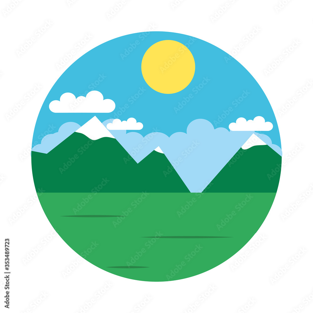 Mountains and sun landscape icon, flat style