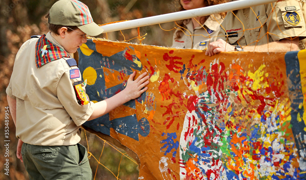 Boy Scout Crossing Over to Webelos - obrazy, fototapety, plakaty 