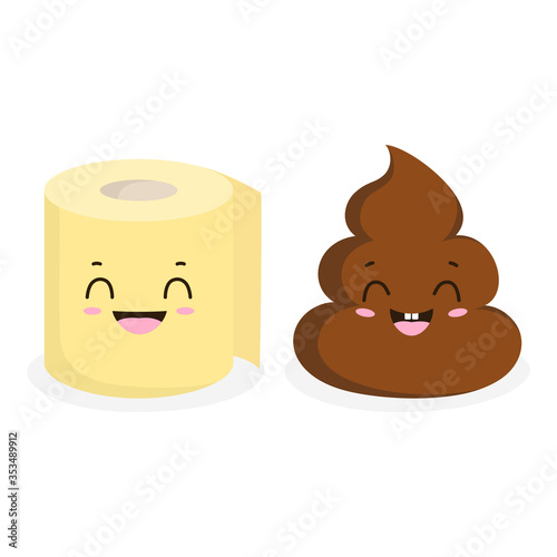 funny poop and toilet paper roll isoleted on white