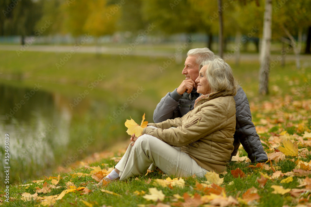Beautiful happy senior couple relaxing in park with autumn leaves Beautiful happy senior couple relaxing in park with autumn leaves