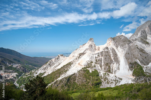 panoramic landscape of white marble quarries of Carrara inthe Apuan Alps. Colonnata, Massa Carrara district. Tuscany,Italy