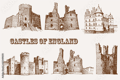 Graphical vintage set of England castles ,sepia background,vector illustration