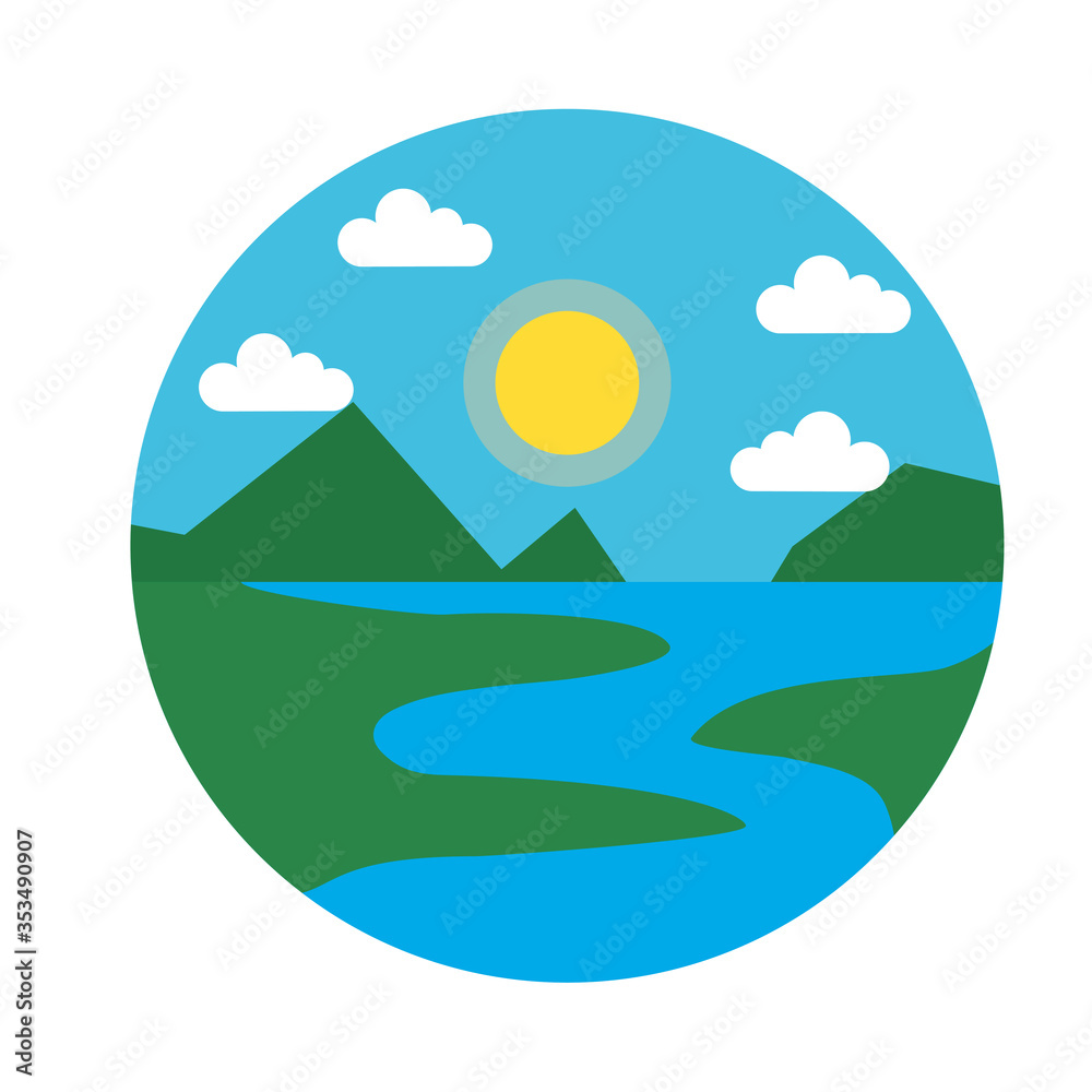 Landscape with river and mountains icon, flat style