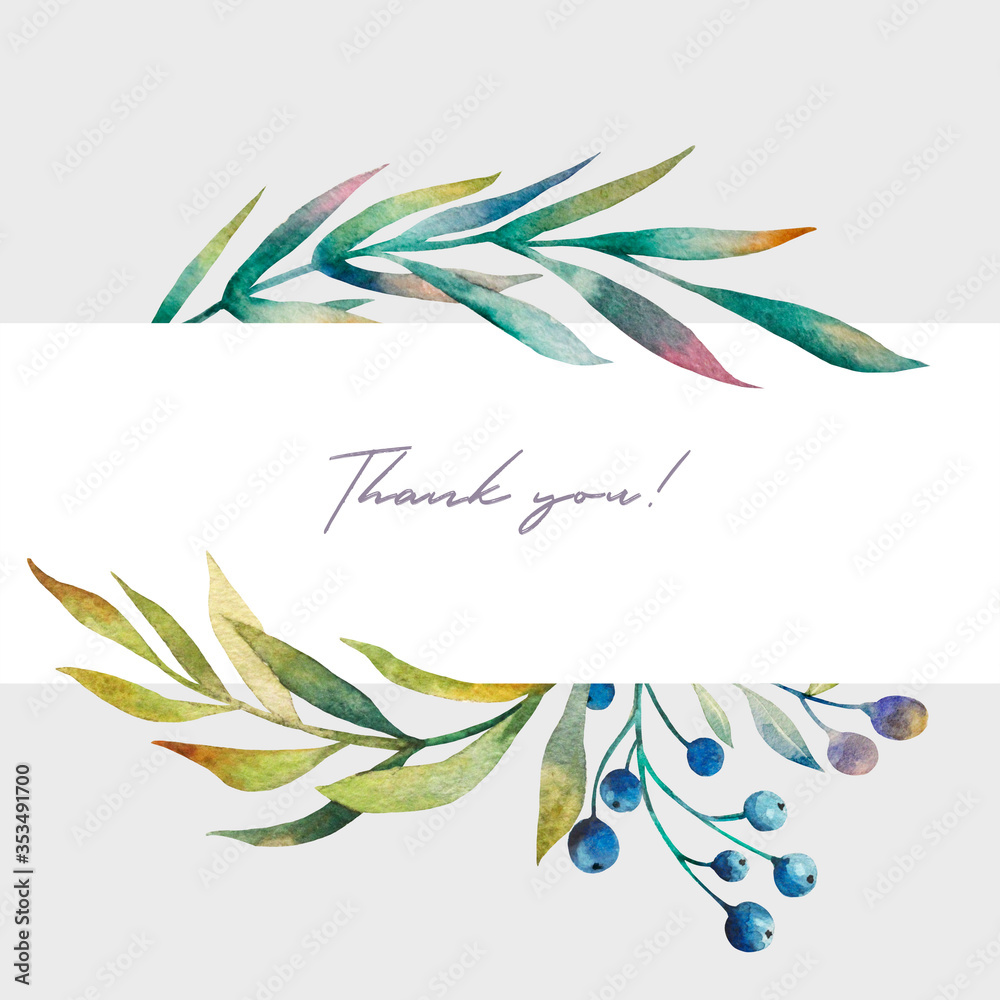 Card. Watercolor design with leaves on a gray background. Background with floral elements. Botanical illustration. Template. Ideal for wedding, advertising, business cards.