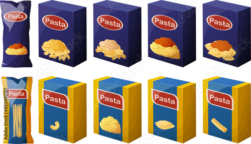 Vector illustration of various kinds of traditional Italian pasta boxes and bags isolated on white background