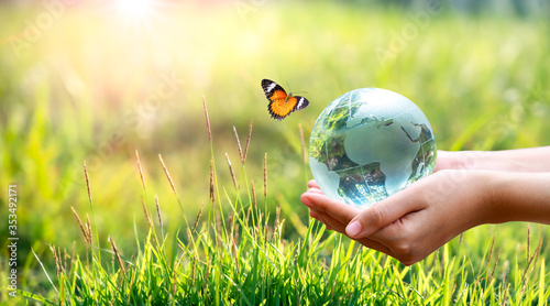 Fototapeta Naklejka Na Ścianę i Meble -  Concept Save the world save environment The world is in the grass of the green bokeh background
