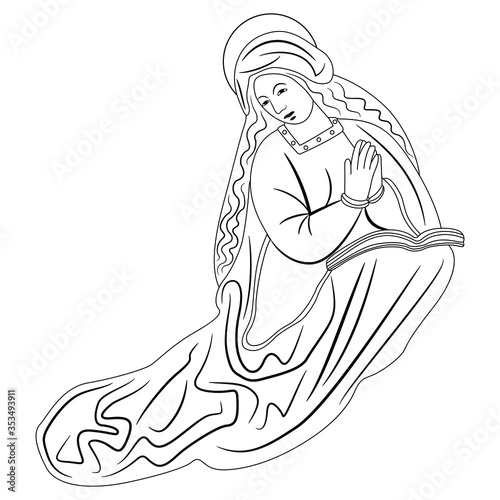 Isolated vector illustration. Sitting Madonna. Praying Virgin Mary. Christian female saint. Black and white linear silhouette.