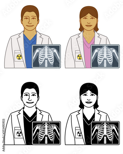 set of radiographer radiologist vector icons male and female, with x-ray of chest, isolated on white background