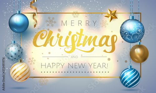 Holiday background with Christmas balls. Blue Christmas background golden and blue glass balls, stars and confetti. Xmas baubles.Vector illustration
