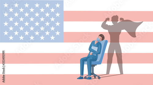 Doctor in uniform with superhero shadow rest after work vector flat cartoon illustration on USA flag background.
