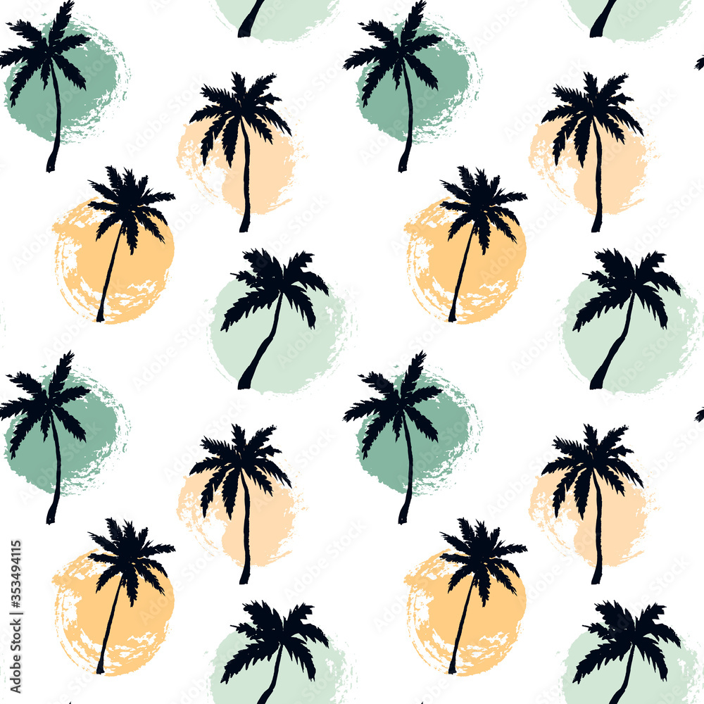 Fototapeta premium Hand drawn summer seamless pattern with palm trees and paint circles. Vector illustration