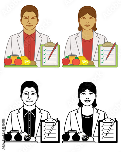 set of dietician or nutritionist vector icons male and female  with food and clip board isolated on white background
