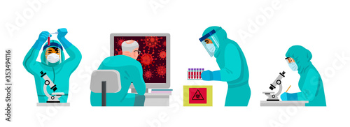 Set of doctors in protective suits working in laboratory studying viruses Cartoon vector illustration.