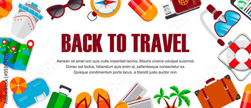 Back to travel horizontal banner. End of self-isolation during coronavirus pandemic. Vector illustration