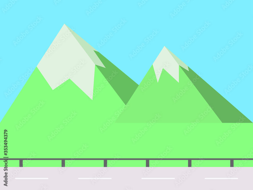 View of the mountain landscape from the side of the road. Green fields and bald mountain peak. Flat style. Typography background for advertising, postcards, poster and banner. Vector illustration