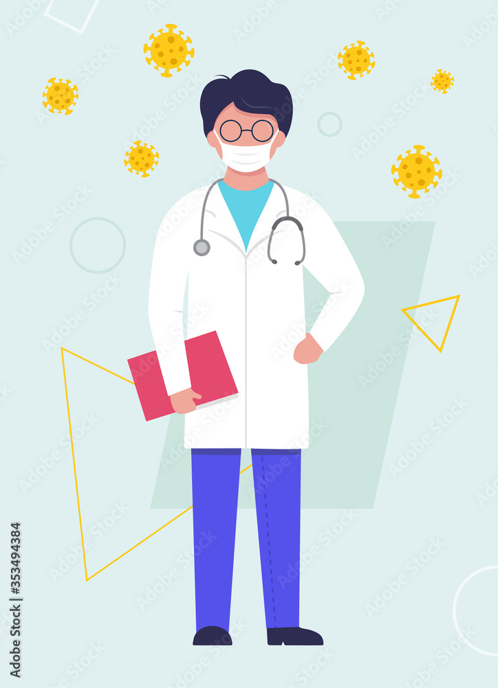 Doctor wearing a medical mask. Coronavirus outbreak concept. Vector illustration in flat style. Health protection.