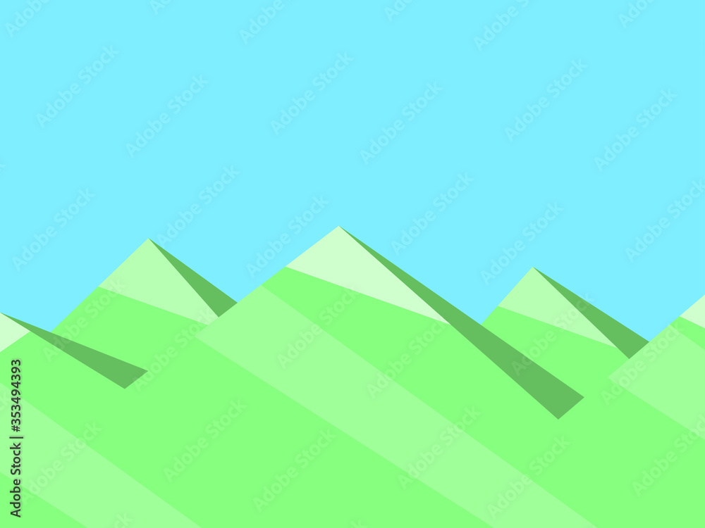 Mountain summer landscape with green mountains and blue sky. Flat style. Vector illustration Mountain summer landscape with green mountains and blue sky. Flat style. Vector illustration