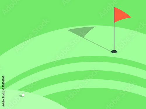 Golf course. Green lawn with a flag and a hole. Typography background for advertising, postcards, poster and banner. Vector illustration