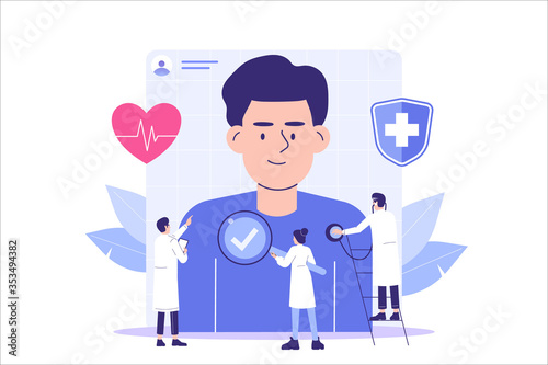 Medical Checkup Concept. Doctors and Medical Staff examining male patient. Healthcare. Medical diagnosis. Medicine. Isolated flat vector illustration for poster, web, banner, ui, infographics