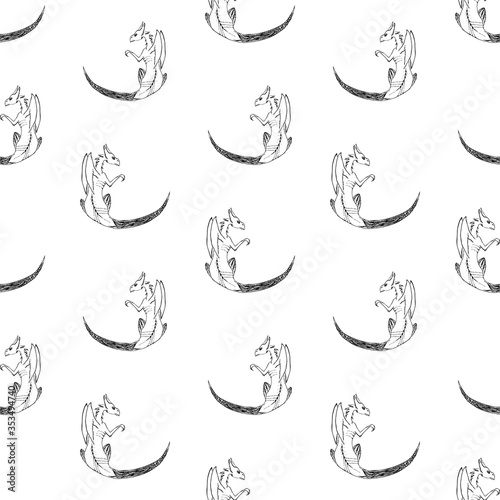 Seamless background of drawn seated winged dragon