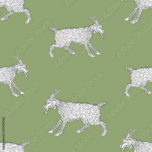 Seamless pattern of drawn ornamental goat
