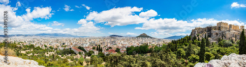 Acropolis of Athens and Mount Lycabettus panorama from Areopagus hill in Greece