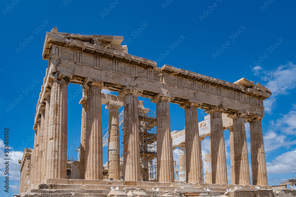 Athens, Greece. Parthenon temple on Acropolis hill, bright spring day.