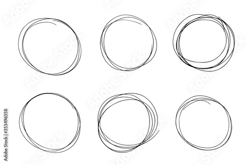 Hand drawn line circle black sketch set. Vector circular pen round circles for message note mark design element. Pencil or pen bubble or ball hand draft illustration isolated in white background.